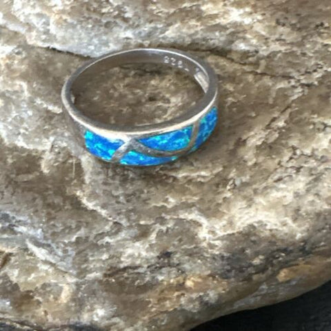 Blue Opal Inlay Southwestern Navajo Sterling Silver Ring Size 8 17155
