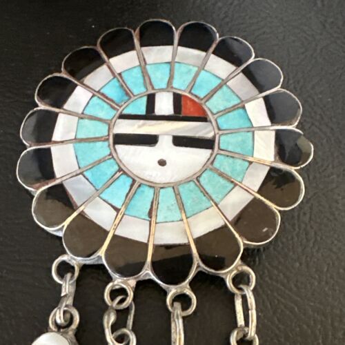 Sunface Zuni Inlay Turquoise Mother of Pearl Pin Pendant | Sterling Silver | Authentic Native American Handmade | 15177