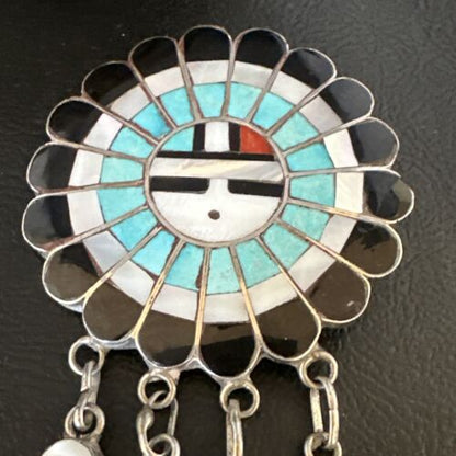 Sunface Zuni Inlay Turquoise Mother of Pearl Pin Pendant | Sterling Silver | Authentic Native American Handmade | 15177