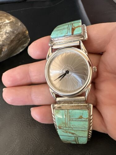Navajo Men's Blue Turquoise Inlay Watch Tips Band | Sterling Silver | Multi-Stone | 17588