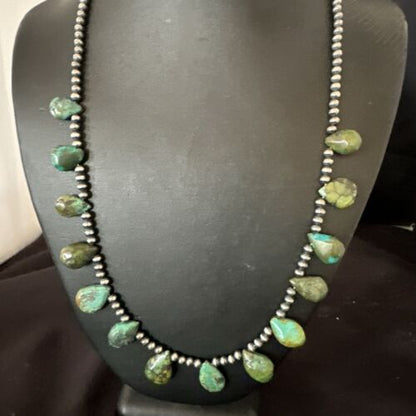 Navajo Pearls Green Teardrop Turquoise Necklace | Sterling Silver | 22" | Authentic Native American Handmade | 16957