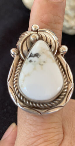 Navajo White Buffalo Turquoise Ring | Sterling Silver | Sz 9 | Authentic Native American Handmade | 00685