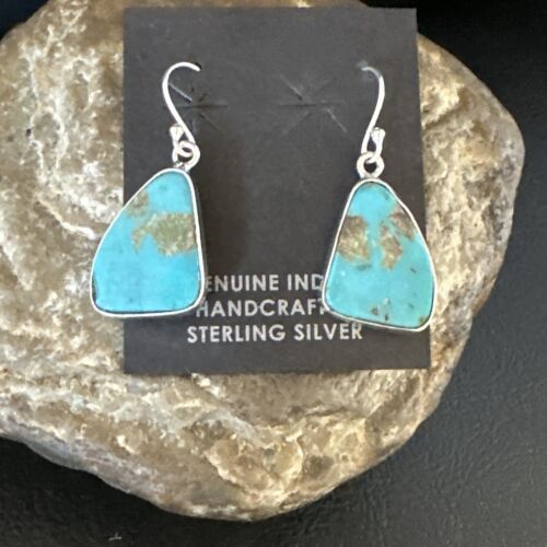 Navajo Blue Turquoise Dangle Earrings | Sterling Silver | Authentic Native American Handmade | 15438
