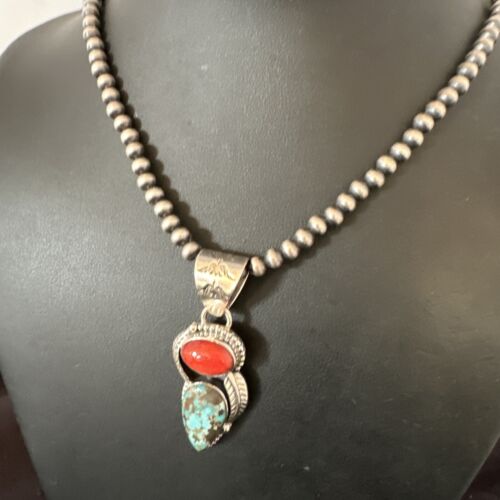 Navajo Blue Turquoise Red Spiny Oyster Pendant Necklace | Sterling Silver | Multi-Stone | 16290 - Masha USA
