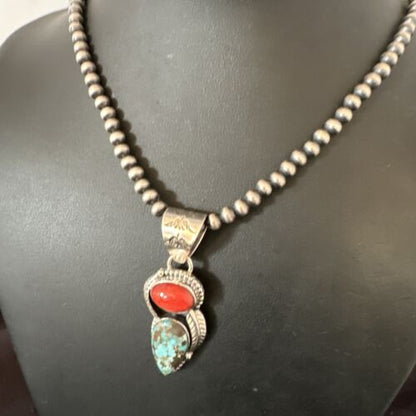 Navajo Blue Turquoise Red Spiny Oyster Pendant Necklace | Sterling Silver | Multi-Stone | 16290 - Masha USA