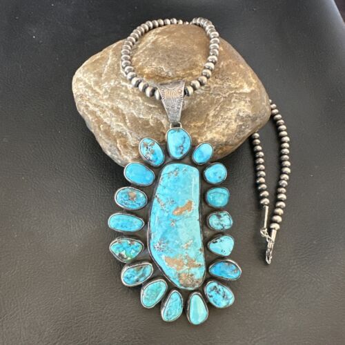 Navajo Blue Kingman Turquoise Cluster Pendant Necklace | Sterling Silver | Authentic Native American Handmade | 16794