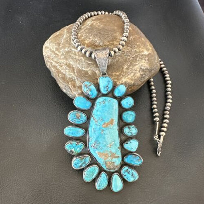Navajo Blue Kingman Turquoise Cluster Pendant Necklace | Sterling Silver | Authentic Native American Handmade | 16794