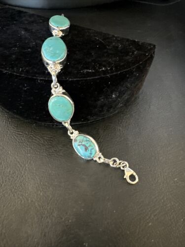 Navajo Blue Turquoise Link Bracelet | Sterling Silver | 8" | Authentic Native American Handmade | 15465