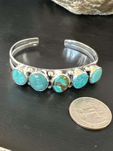 Women's Blue Turquoise 5-Stone Cuff Bracelet | Navajo Sterling Silver | Authentic Native American Jewelry | 16280