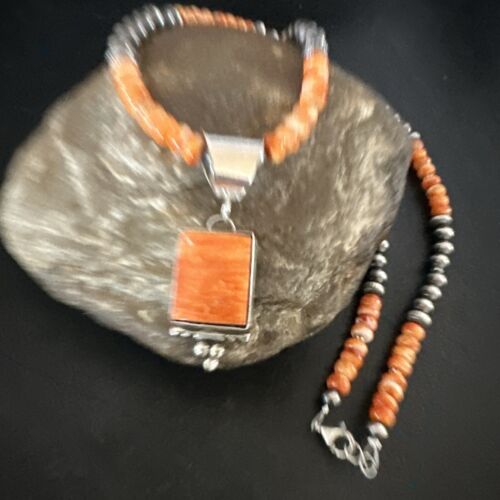 Navajo Pearls Necklace with Orange Spiny Oyster Pendant | Sterling Silver | Authentic Native American Handmade | 17050