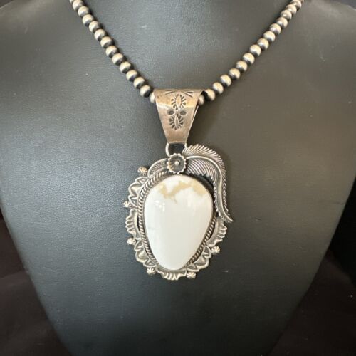 Navajo White Buffalo Turquoise Pendant Necklace | Sterling Silver | Authentic Native American Handmade | 15618