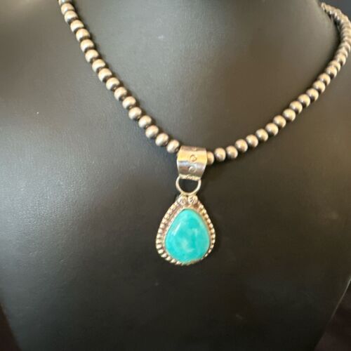 Navajo Pearls Kingman Turquoise Pendant Necklace | Sterling Silver | Native American Handmade | 17135