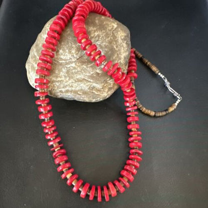 Navajo Red Coral Shell Bead Necklace | Sterling Silver | 30" | Authentic Native American Handmade | 15284