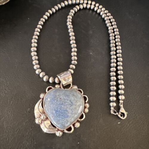 Men's Blue Heart Denim Lapis Pendant Necklace | Navajo Pearls | Sterling Silver | 15524