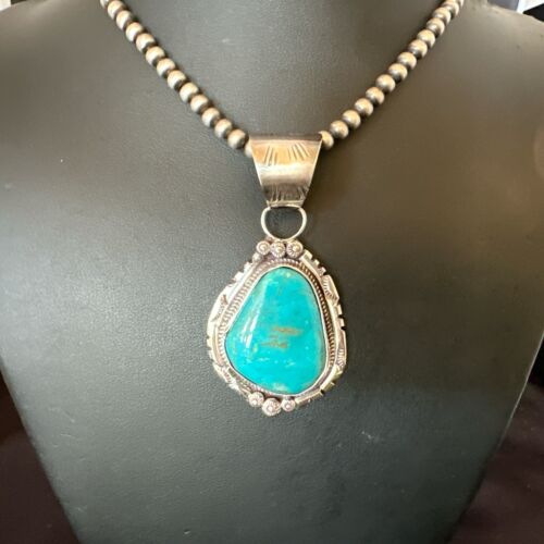 Navajo Pearls Kingman Turquoise Necklace | Sterling Silver | Authentic Native American Handmade | 17131