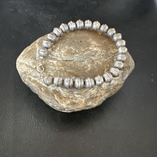 Handmade Stamped Navajo Pearls Bracelet | 8mm Beads | 8" Sterling Silver | Authentic Native American | 17446