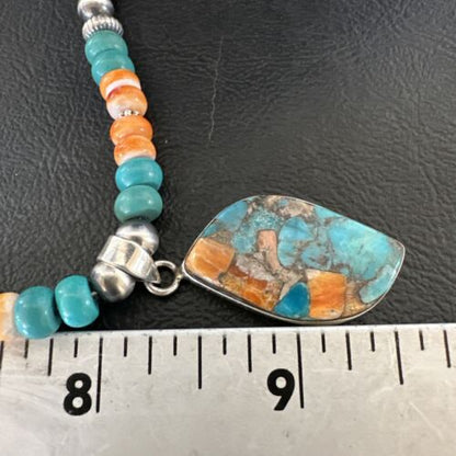 Navajo Spiny Turquoise Pendant Necklace | Sterling Silver | 21" | Authentic Native American Handmade | 17518