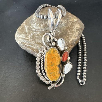 Navajo Bumblebee Jasper & White Buffalo Sterling Silver Pendant Necklace | 21" | Handmade | 15948