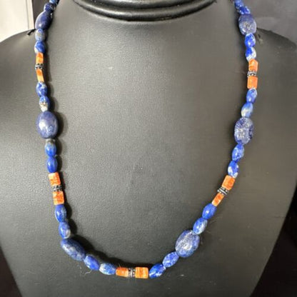 Men's Lapis Lazuli Spiny Oyster Necklace | Navajo Sterling Silver | 18" | Authentic Native American Handmade | 15265