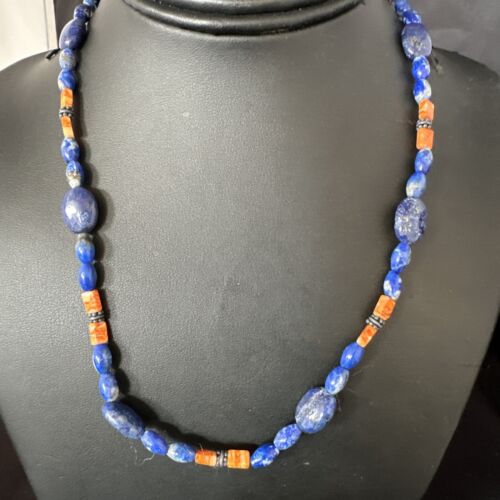 Men's Lapis Lazuli Spiny Oyster Necklace | Navajo Sterling Silver | 18" | Authentic Native American Handmade | 15265