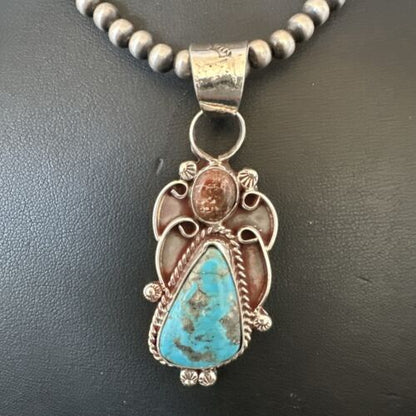 Navajo Blue Kingman Turquoise Wild Horse Pendant Necklace | Sterling Silver | Authentic Native American Handmade | 17224