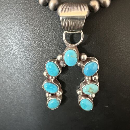 Navajo Horseshoe Naja Kingman Turquoise Pendant Necklace | Sterling Silver | Authentic Native American Handmade | 15748