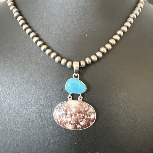 Navajo Wild Horse Blue Kingman Turquoise Necklace | Sterling Silver | Authentic Native American Handmade | 17340