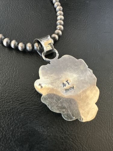 Navajo Blue Turquoise Pendant Necklace | Sterling Silver Pearls | Authentic Native American Handmade | 15638