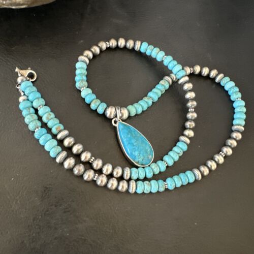 Navajo Blue Turquoise Pendant Necklace | Sterling Silver | Authentic Native American Handmade | 16652