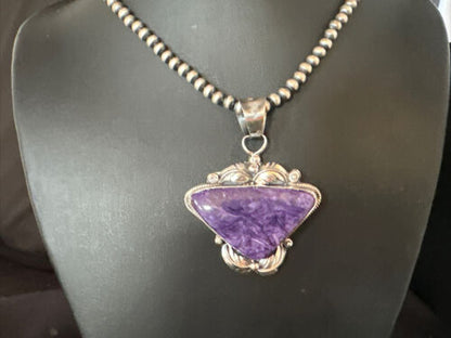 Navajo Pearls Necklace with Purple Charoite Pendant | Sterling Silver | Authentic Native American Handmade | 14883