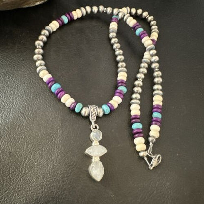 Navajo White Mother of Pearl, Turquoise, Sugilite Pendant Necklace | Sterling Silver | 16851