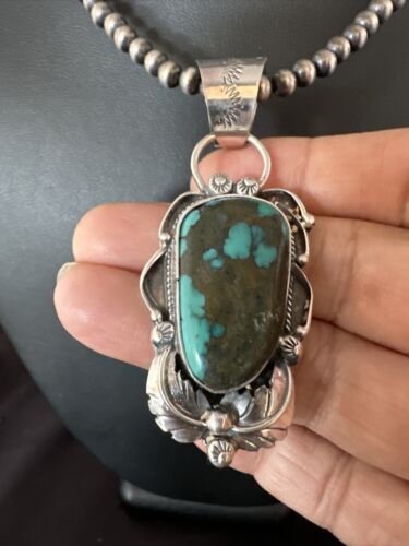 Navajo Blue Spiderweb Turquoise Pendant Necklace | Sterling Silver Pearls | Authentic Native American Handmade | 15095 - Masha USA