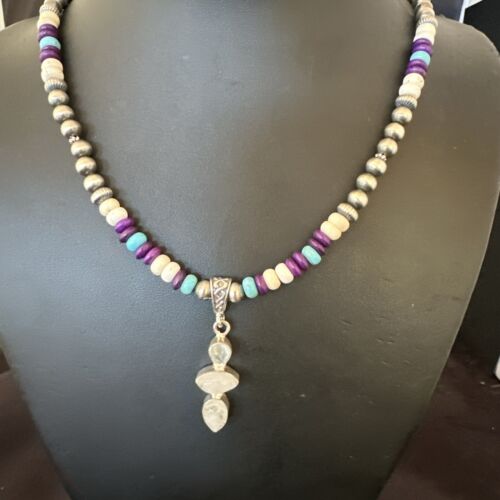 Navajo White Mother of Pearl, Turquoise, Sugilite Pendant Necklace | Sterling Silver | 16851