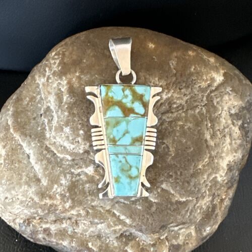 Navajo Blue #8 Turquoise Inlay Pendant | Sterling Silver | 2" | Authentic Native American Handmade | 15683