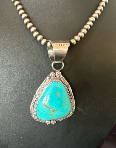 Navajo Blue Kingman Turquoise Necklace Pendant | Sterling Silver | Authentic Native American Handmade | 17476
