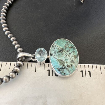 Navajo Dry Creek Turquoise Topaz Pendant Necklace | Sterling Silver | Authentic Native American Handmade | 16442