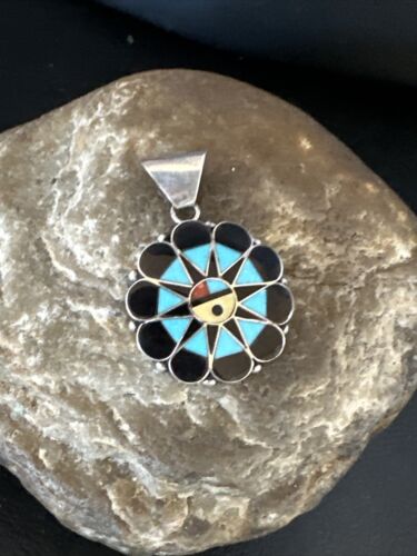 Zuni Sun Face Pendant | Turquoise, Mother of Pearl, Onyx Inlay | Sterling Silver | Native American Handmade | 15180
