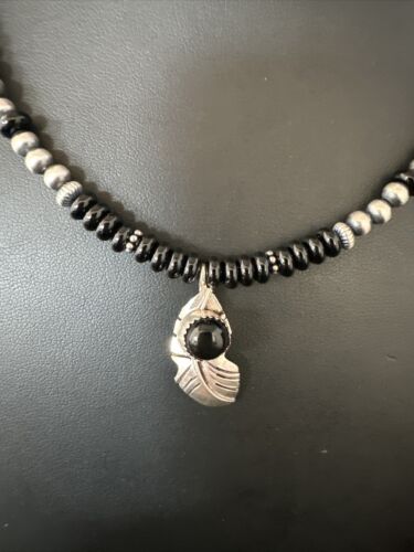 Navajo Black Onyx Pendant | Pearl Sterling Silver Necklace | Authentic Native American Handmade | 14899
