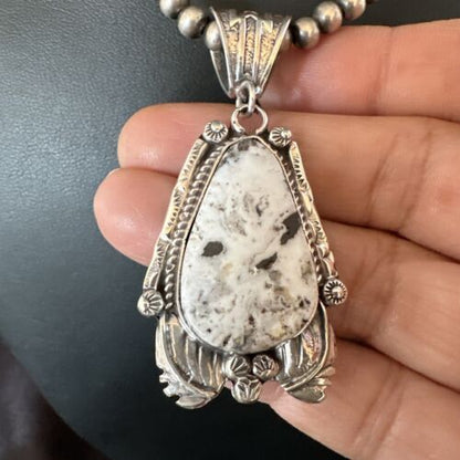 Navajo White Buffalo Turquoise Pendant Necklace | Sterling Silver | Authentic Native American Handmade | 17520
