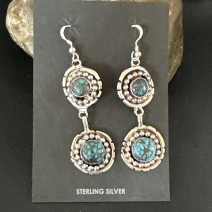 Navajo Blue Spiderweb Turquoise Dangle Earrings | Sterling Silver | Authentic Native American Handmade | 16010 - Masha USA