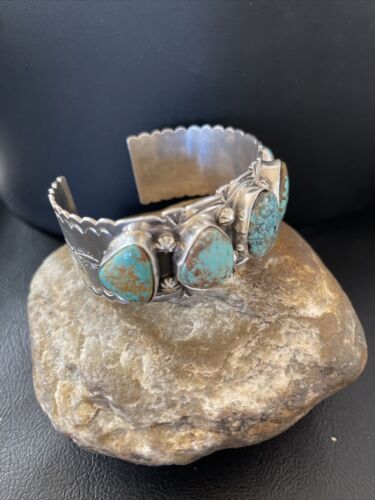 Navajo Blue #8 Turquoise Cuff Bracelet | Sterling Silver | 5 Stones | Authentic Native American Handmade | 01884