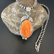 Navajo Orange Spiny Oyster Pendant Necklace | Sterling Silver | Authentic Native American Handmade | 15627