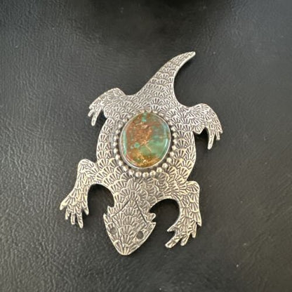 Navajo Royston Green Turquoise Horny Toad Pin | Handmade Stamped | Authentic Native American | LC 15496