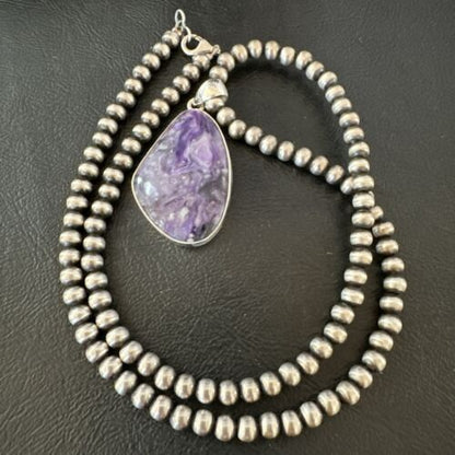 Navajo Purple Charoite Pendant with Pearls | Sterling Silver Necklace | Authentic Native American Handmade | 17312