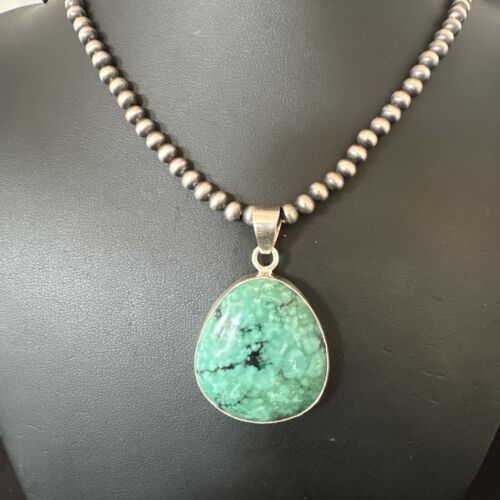 Men's Navajo Blue Spiderweb Turquoise Pendant Necklace | Sterling Silver | Authentic Native American Handmade | 16201