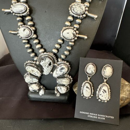 Navajo White Buffalo Turquoise Pendant | Sterling Silver Naja Squash Blossom Necklace | 17442