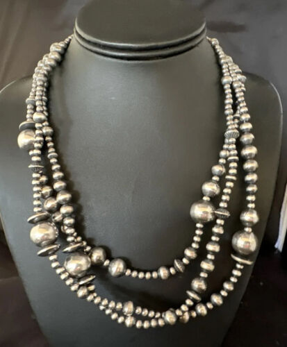 Navajo Pearls Mixed Bead Bib Necklace | Sterling Silver | 3-Strand | 20" | Authentic Native American Handmade | 14954