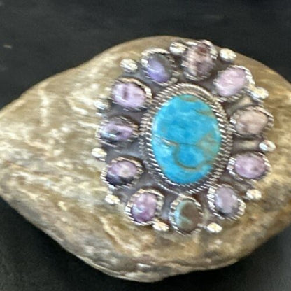 Navajo Cluster Blue Kingman Turquoise Charoite Ring | Authentic Native American Sterling Silver | Multi-Stone | Sz 9.5 | 17178