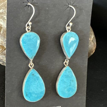 Navajo Blue Kingman Turquoise Dangle Earrings | Sterling Silver | Authentic Native American Handmade | 15122