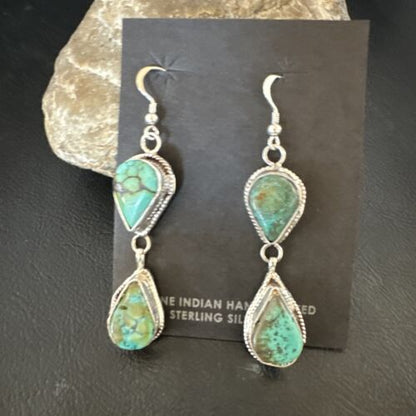 Navajo Green Royston Turquoise Dangle Earrings | Sterling Silver | Authentic Native American Handmade | 16495